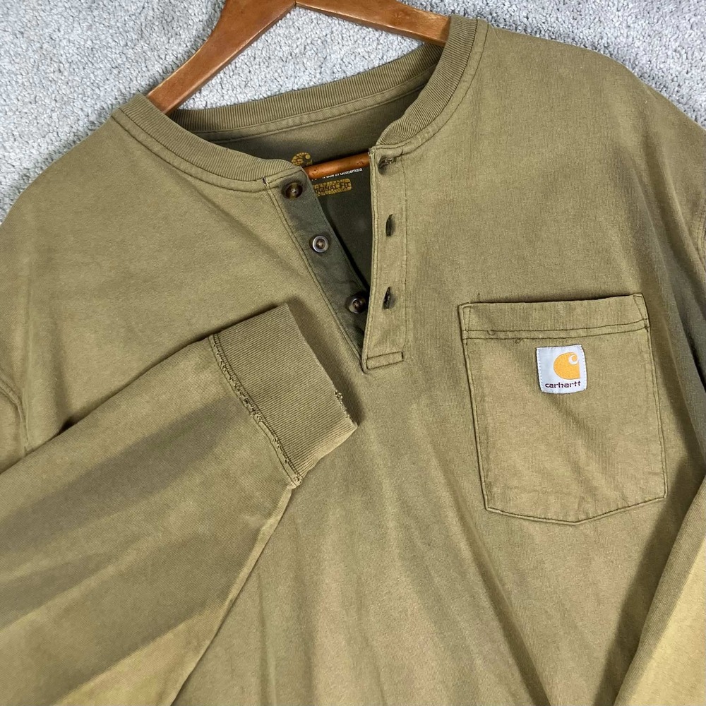Carhartt Henley Shirt Men XL Brown Long Sleeve Pocket Distressed Shia LaBeouf